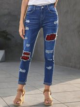 Patchwork Plaid Skinny Jeans Classic Ripped Straight Leg Hight Waisted Pants Sai Feel